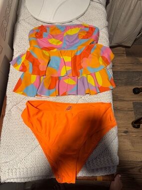 Bright Orange Bikini Set with Multicolor Ruffle Top and High Waisted Bottoms